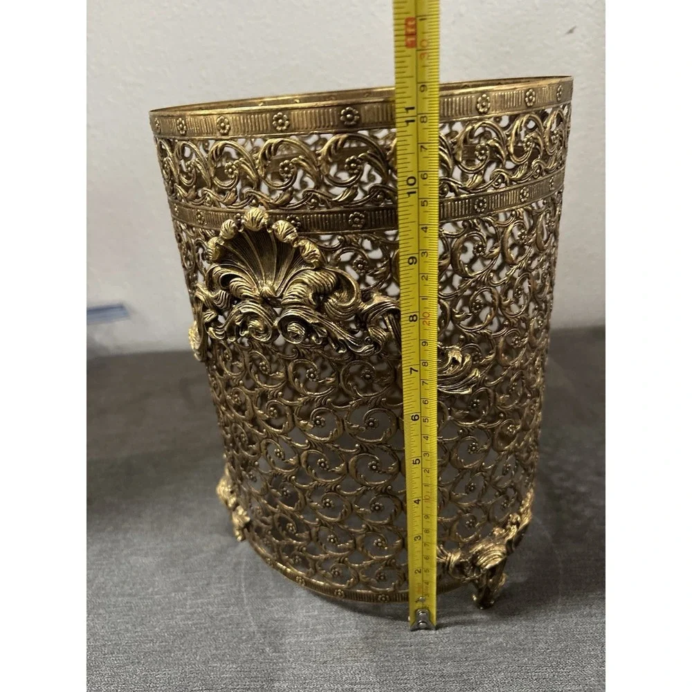 Hollywood Regency Gold Filigree Scroll Footed Trash Can NO Liner 11